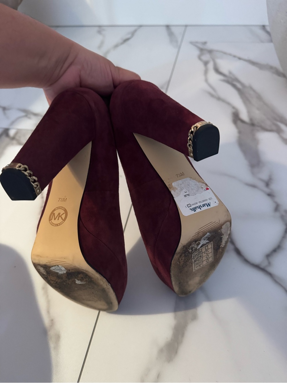 Michael Kors Wine Suede Block Heel Pumps with Gold Chain Accent